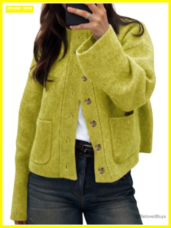 Sweaters - Chunky Knit Cardigan Sweater Button Down Open Front Long Sleeve with Pockets